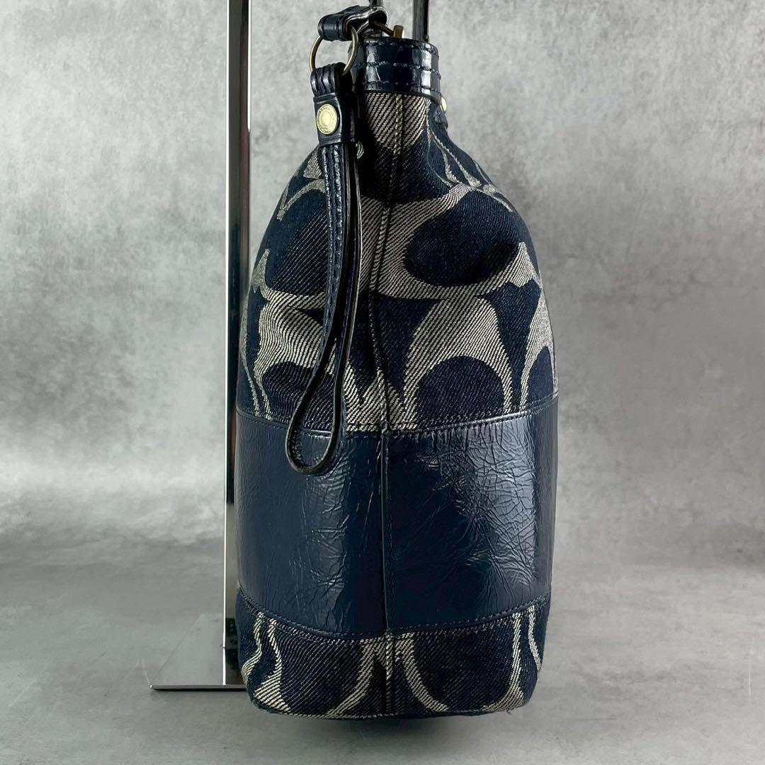 良品✨コーチ トートバッグ レザー×デニム 肩掛け シグネチャー ストライプ