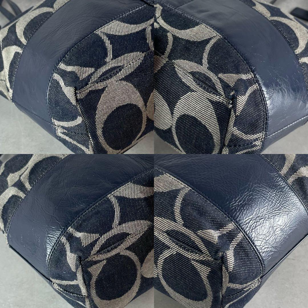 良品✨コーチ トートバッグ レザー×デニム 肩掛け シグネチャー ストライプ