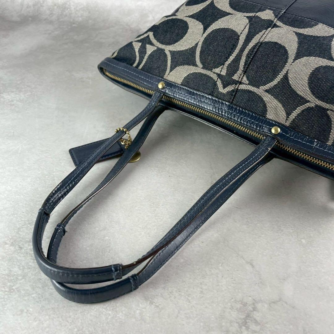 良品✨コーチ トートバッグ レザー×デニム 肩掛け シグネチャー ストライプ