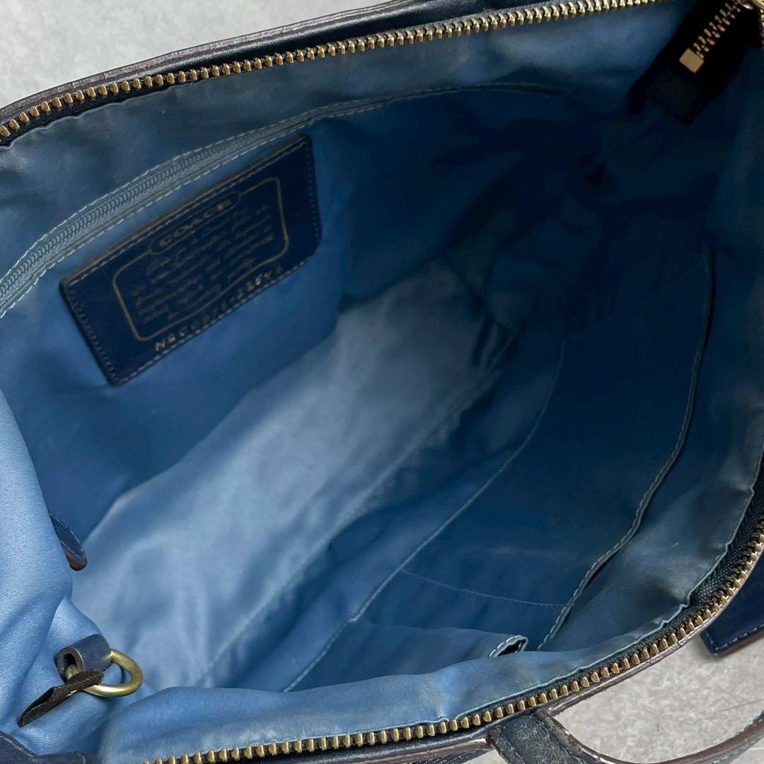 良品✨コーチ トートバッグ レザー×デニム 肩掛け シグネチャー ストライプ