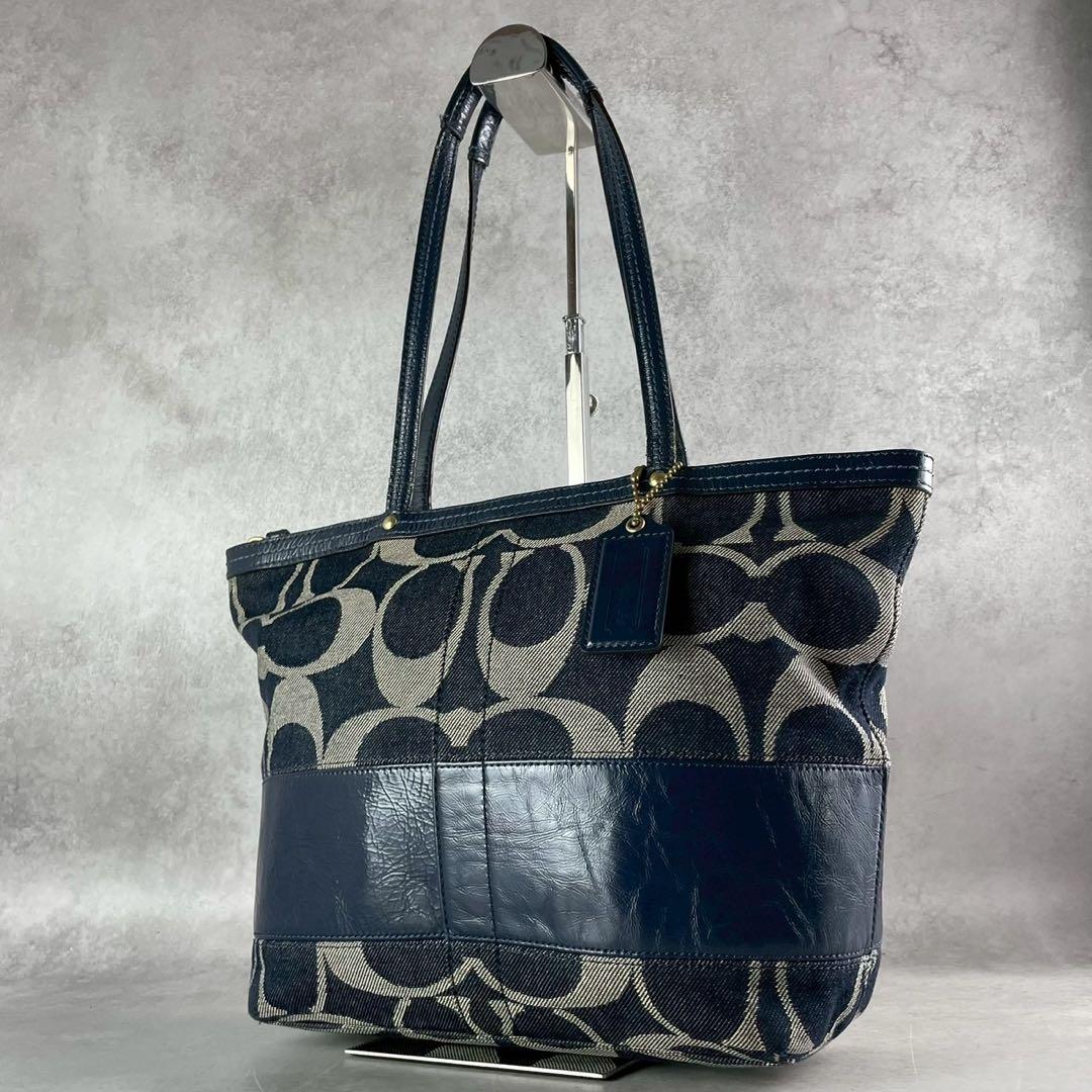 良品✨コーチ トートバッグ レザー×デニム 肩掛け シグネチャー ストライプ