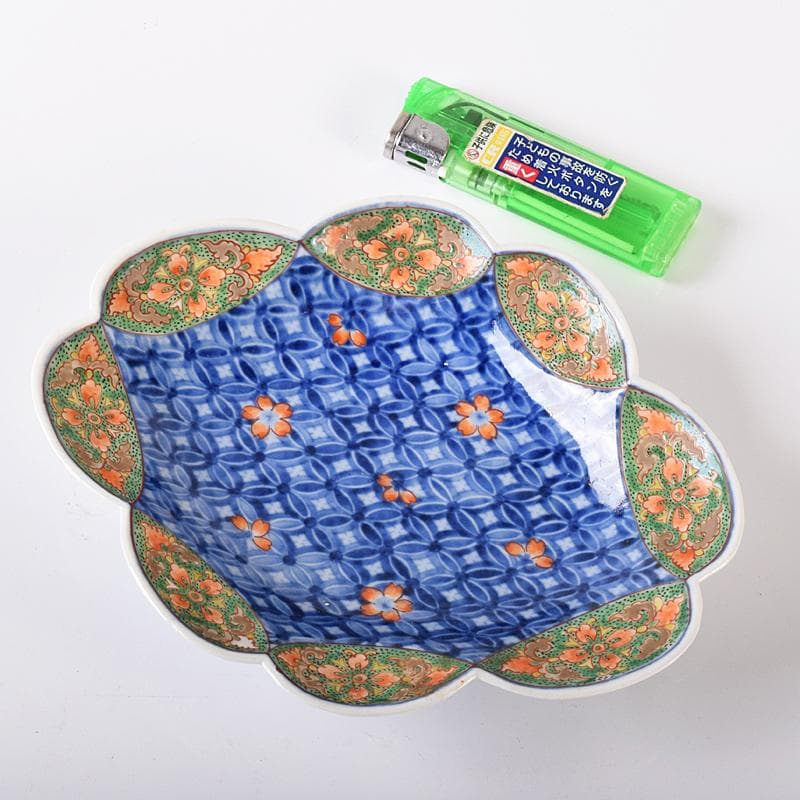 鍋島焼　古鍋島　染錦　七宝花文　楕円輪花皿　時代箱付　V　R7940