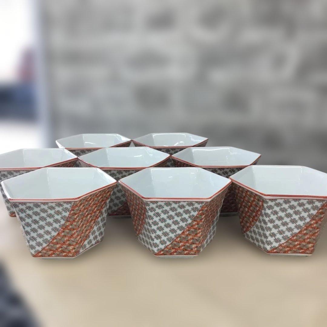 有田焼　井之口窯　小鉢　オレンジとグレーの六角形小鉢　8客セット 客