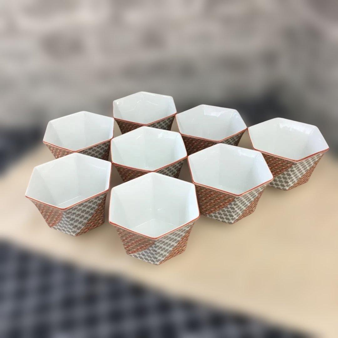 有田焼　井之口窯　小鉢　オレンジとグレーの六角形小鉢　8客セット 客