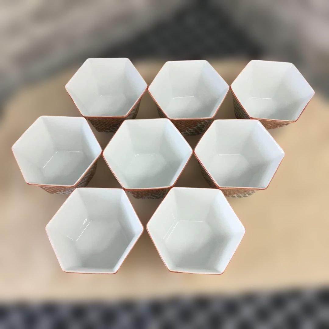 有田焼　井之口窯　小鉢　オレンジとグレーの六角形小鉢　8客セット 客