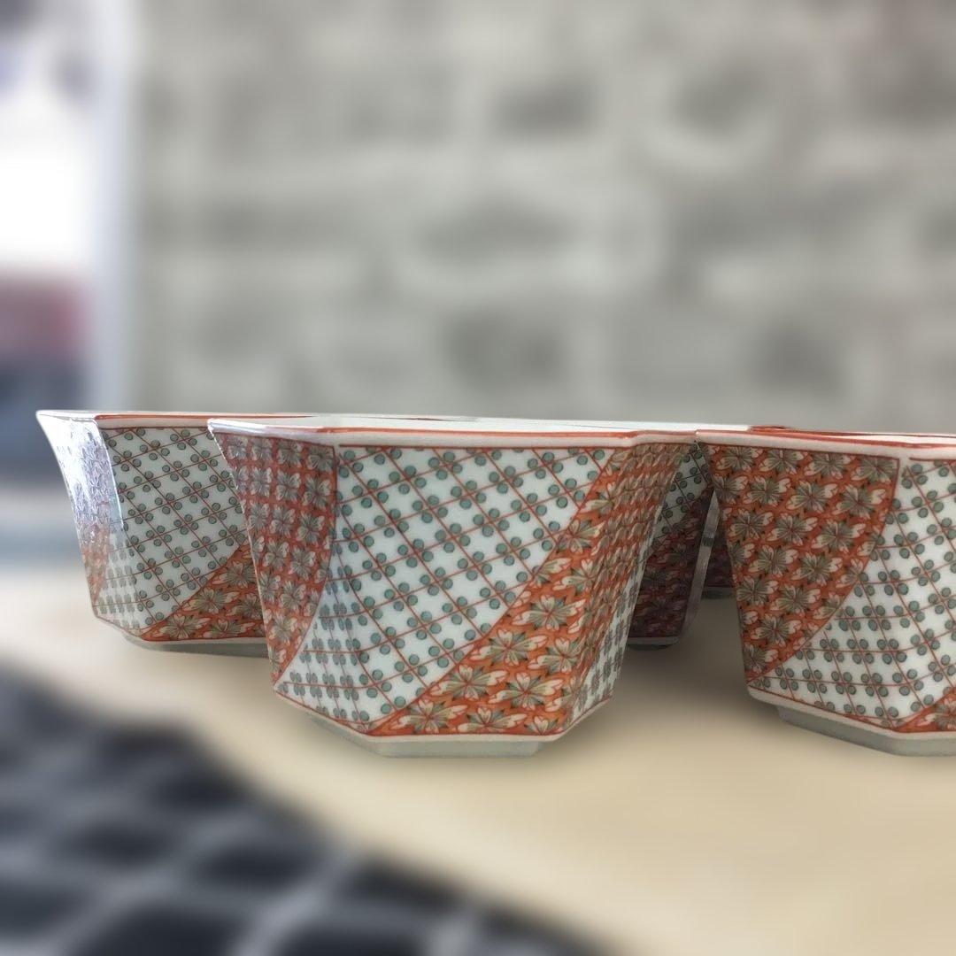 有田焼　井之口窯　小鉢　オレンジとグレーの六角形小鉢　8客セット 客