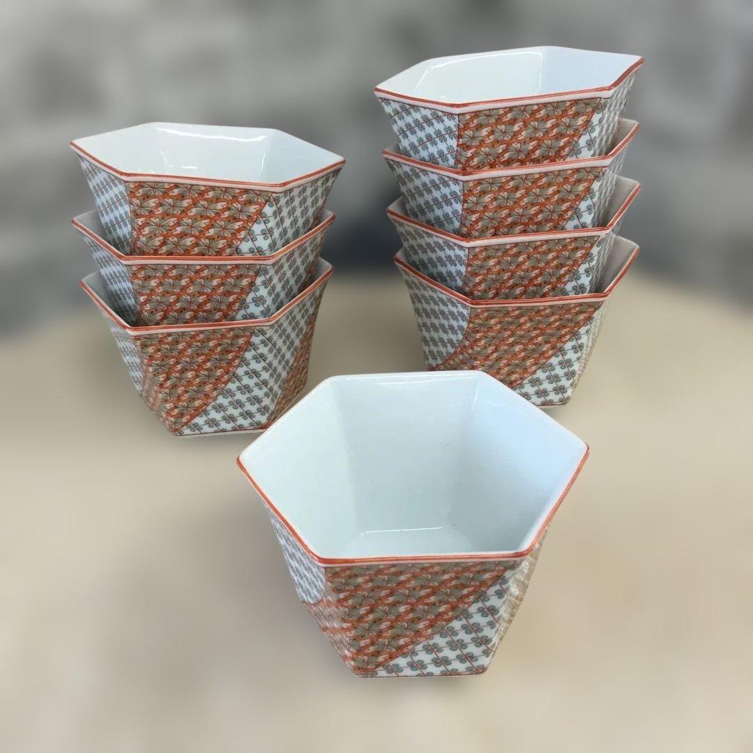 有田焼　井之口窯　小鉢　オレンジとグレーの六角形小鉢　8客セット 客