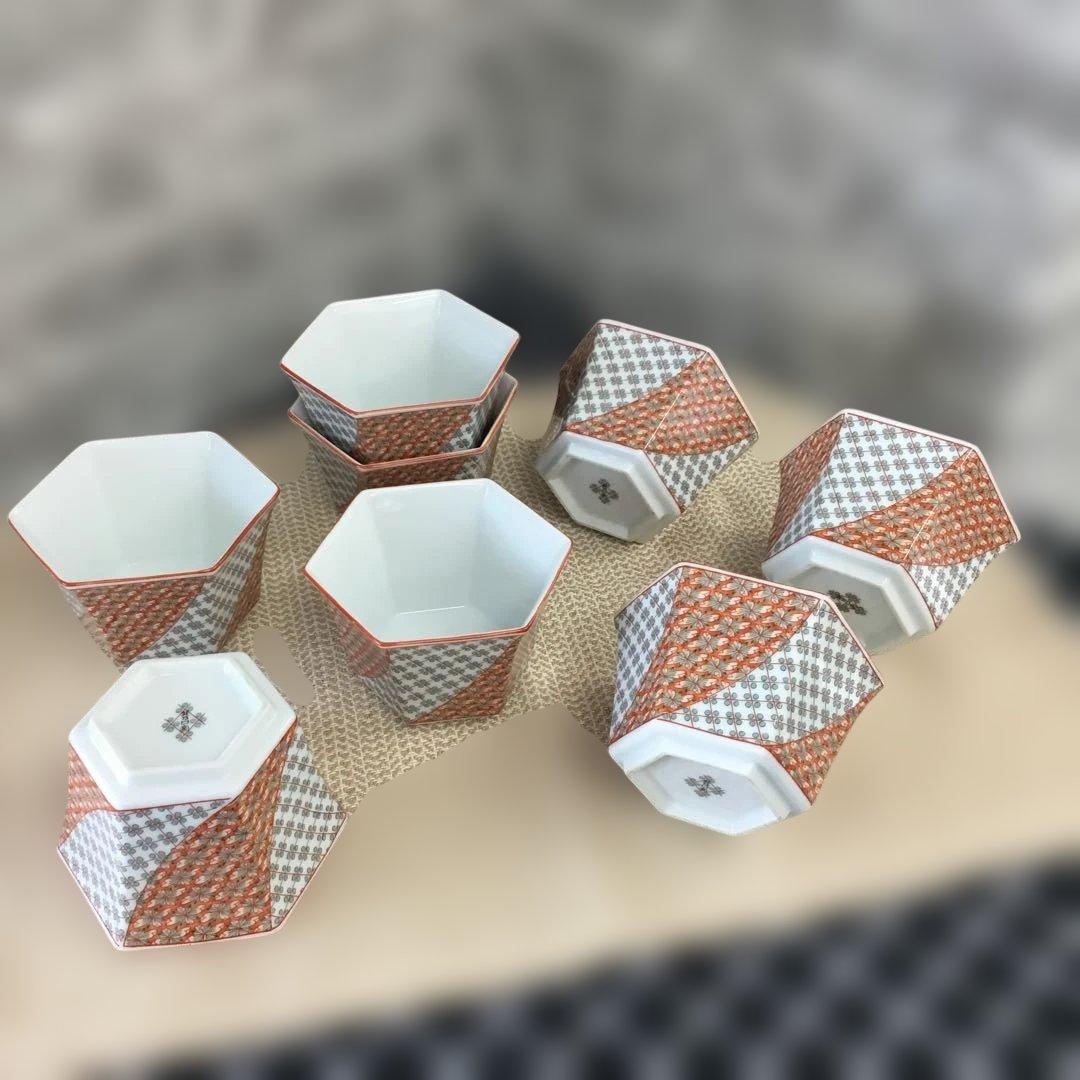 有田焼　井之口窯　小鉢　オレンジとグレーの六角形小鉢　8客セット 客