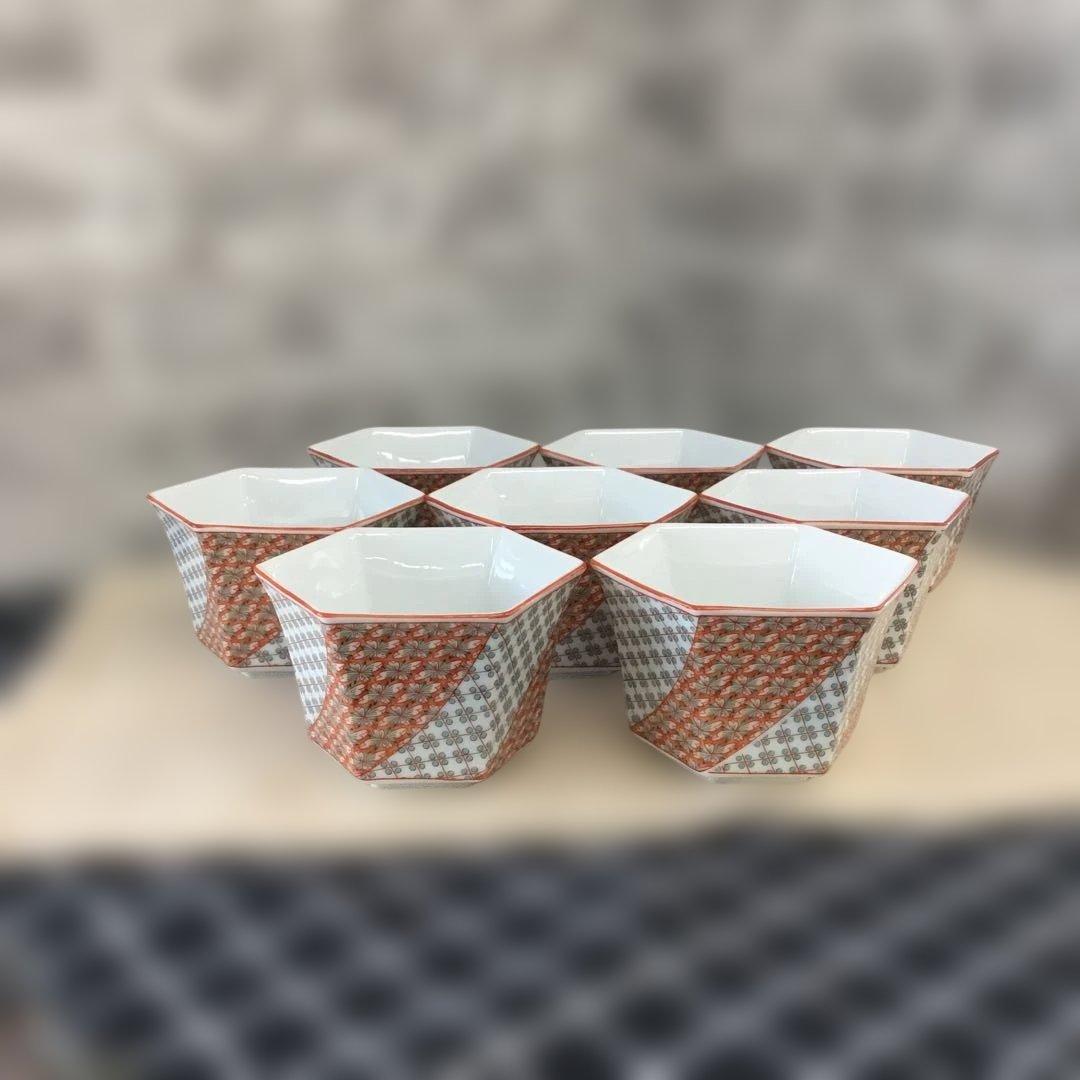 有田焼　井之口窯　小鉢　オレンジとグレーの六角形小鉢　8客セット 客