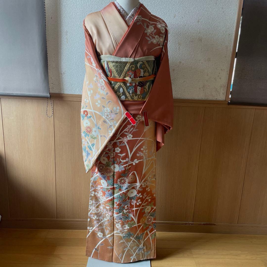 正絹訪問着 ピンクとベージュ 花柄刺繍 着物、帯、帯締め、帯揚げ、長襦袢のセット