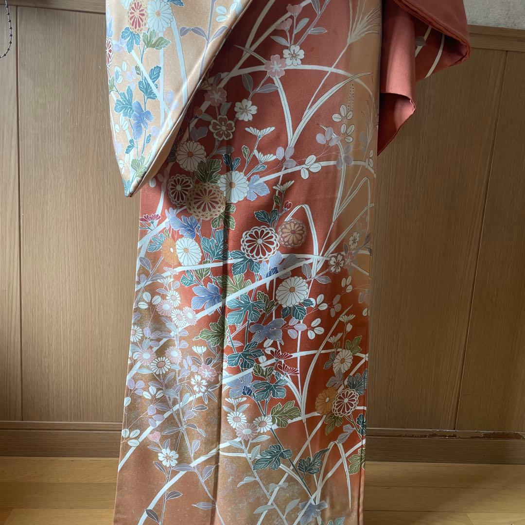 正絹訪問着 ピンクとベージュ 花柄刺繍 着物、帯、帯締め、帯揚げ、長襦袢のセット