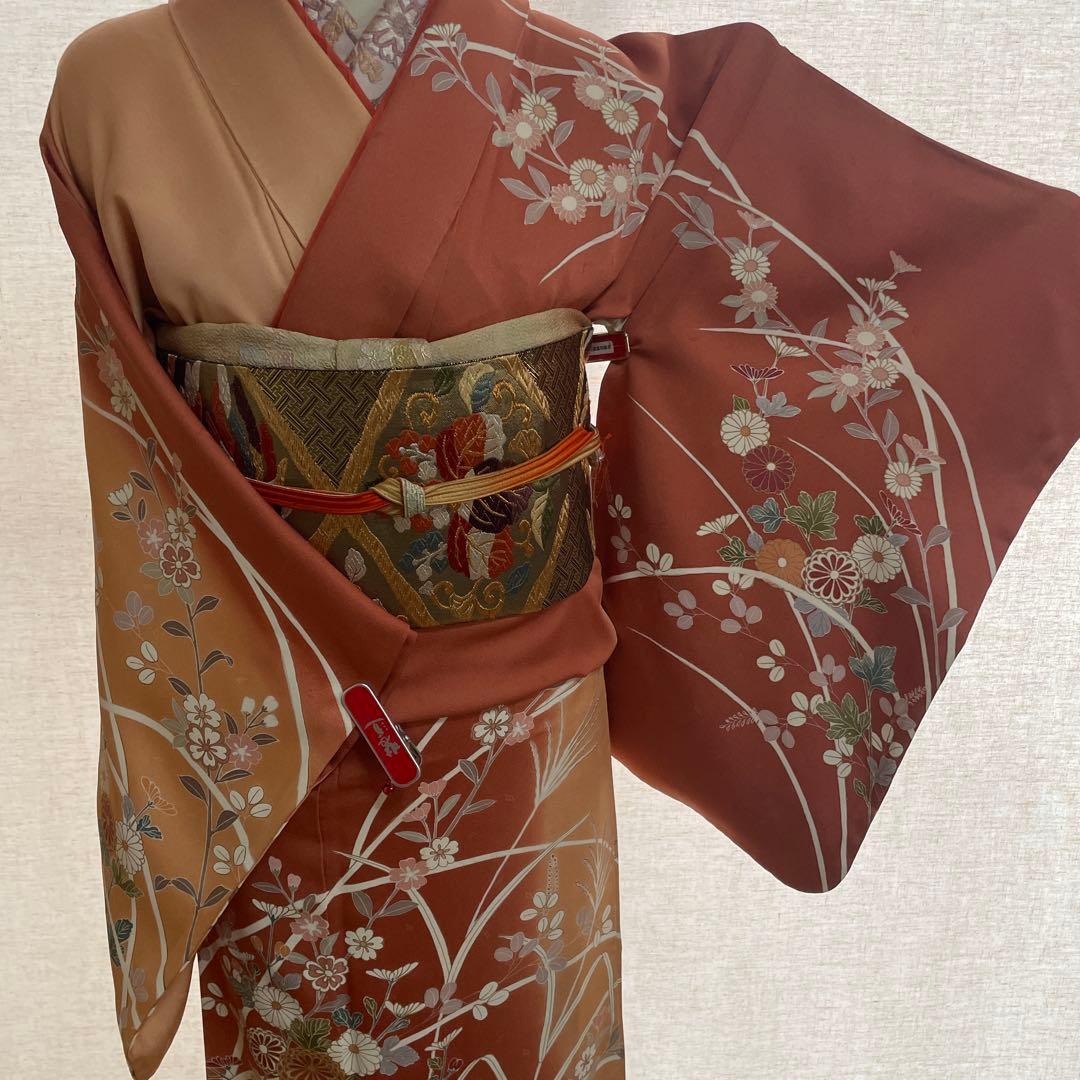 正絹訪問着 ピンクとベージュ 花柄刺繍 着物、帯、帯締め、帯揚げ、長襦袢のセット