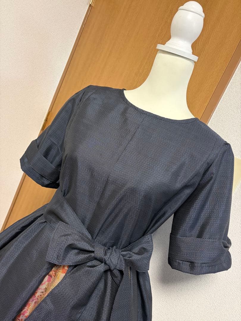 着物リメイク　大島紬　パッチワンピース　MーL リボン袖　裏地付き　薔薇柄