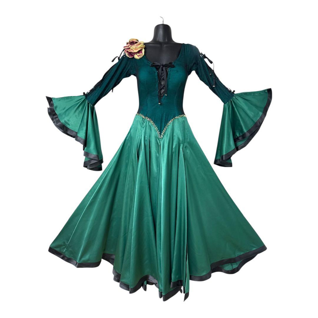 6199★S 緑 スワロミックス パソ ドレス　オーダードレス　社交ダンス