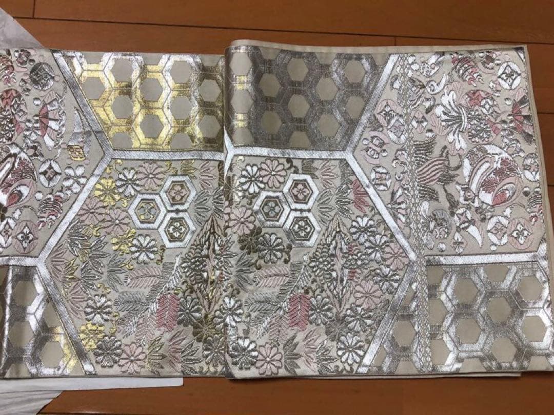 三松　銀 ピンク　六角形模様 袋帯