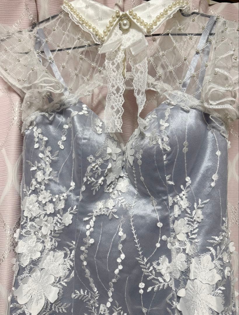 パール襟リボン×ラメチュールタイトミニキャバドレス