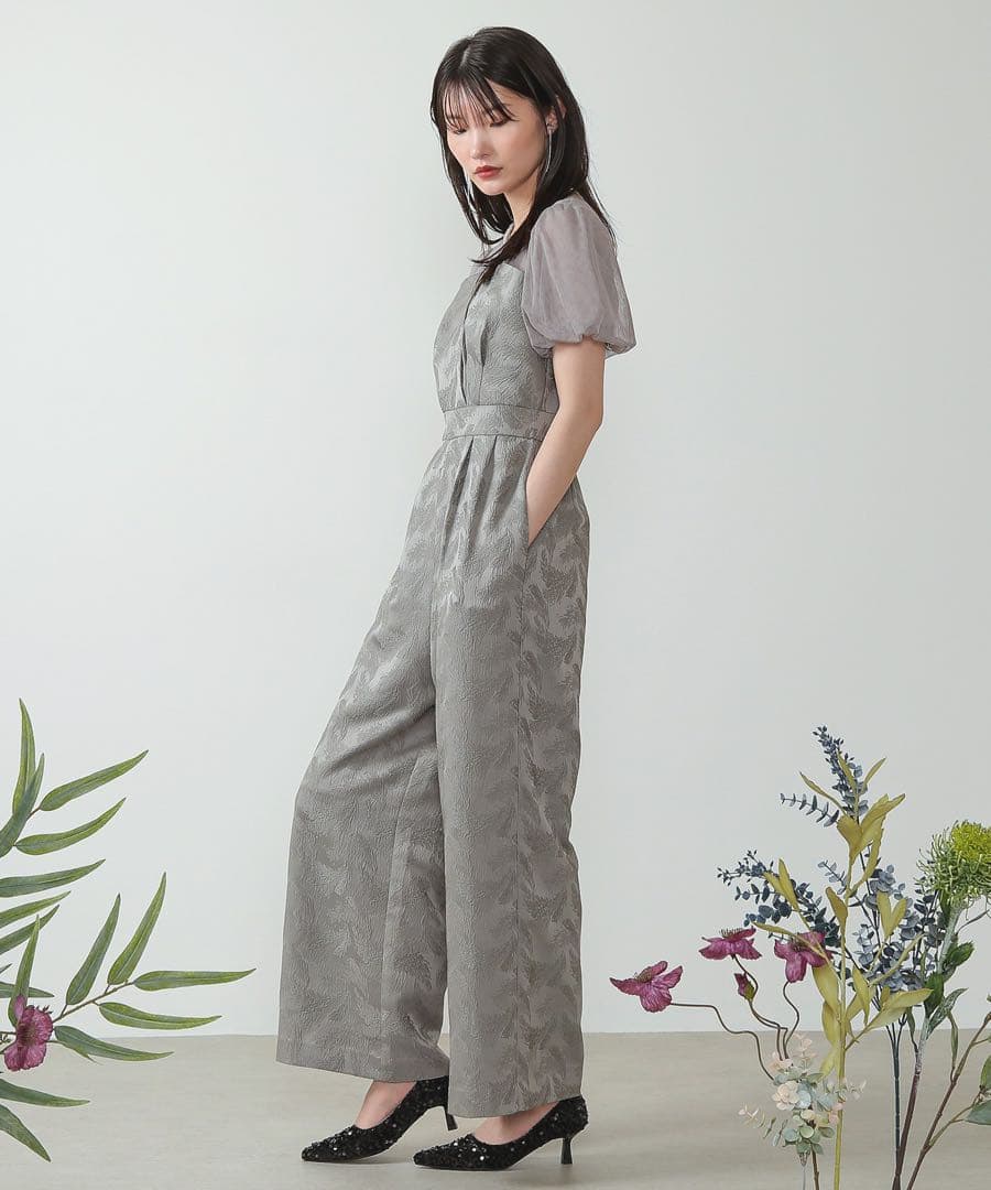 Kana チュール パフスリーブ ワイドパンツ オールインワン ハイウエスト　S