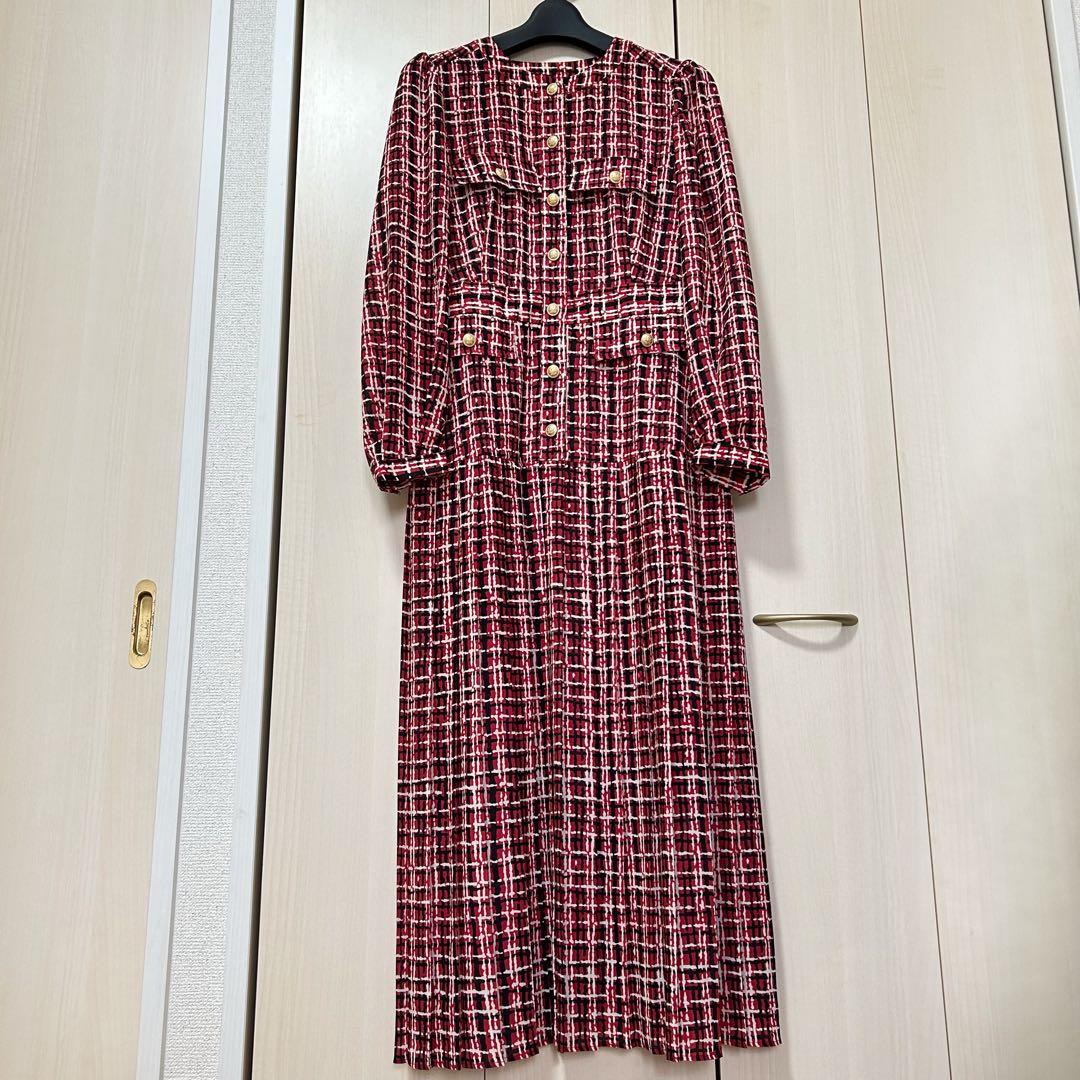 22AW♡グレースコンチネンタル ツイードプリントワンピース 36 金釦