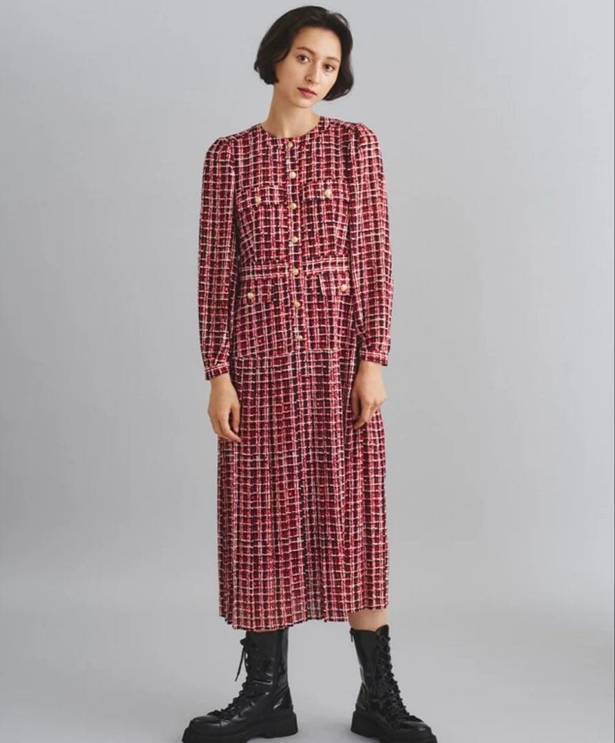 22AW♡グレースコンチネンタル ツイードプリントワンピース 36 金釦