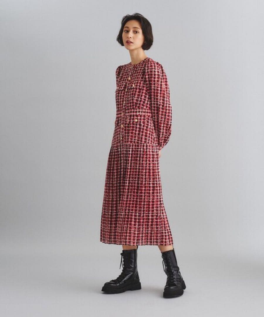 22AW♡グレースコンチネンタル ツイードプリントワンピース 36 金釦