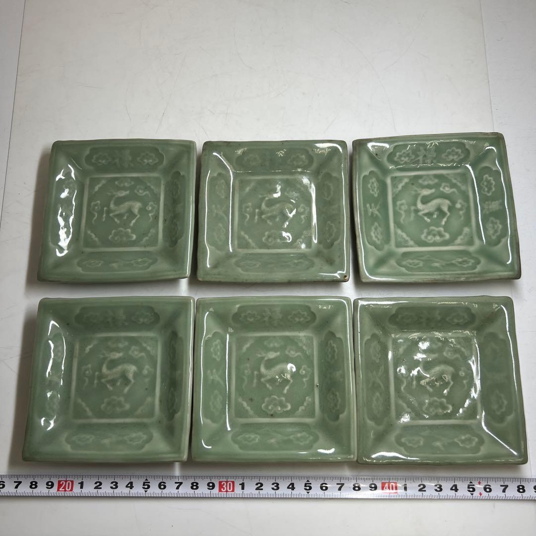 江戸後期　三田青磁鹿文角皿12枚　木箱付　東Y8-0122☆2Fトヒル