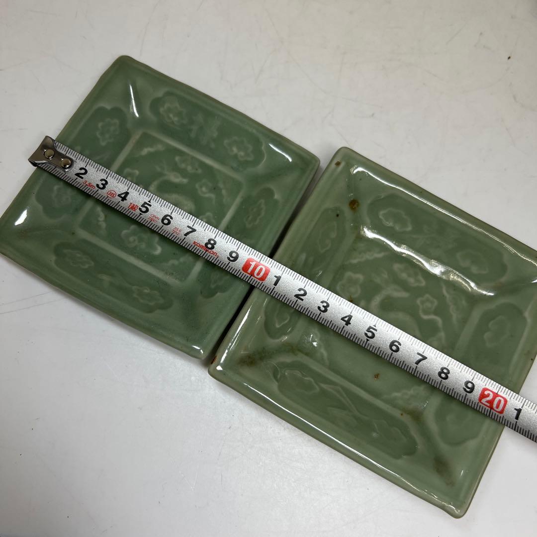 江戸後期　三田青磁鹿文角皿12枚　木箱付　東Y8-0122☆2Fトヒル