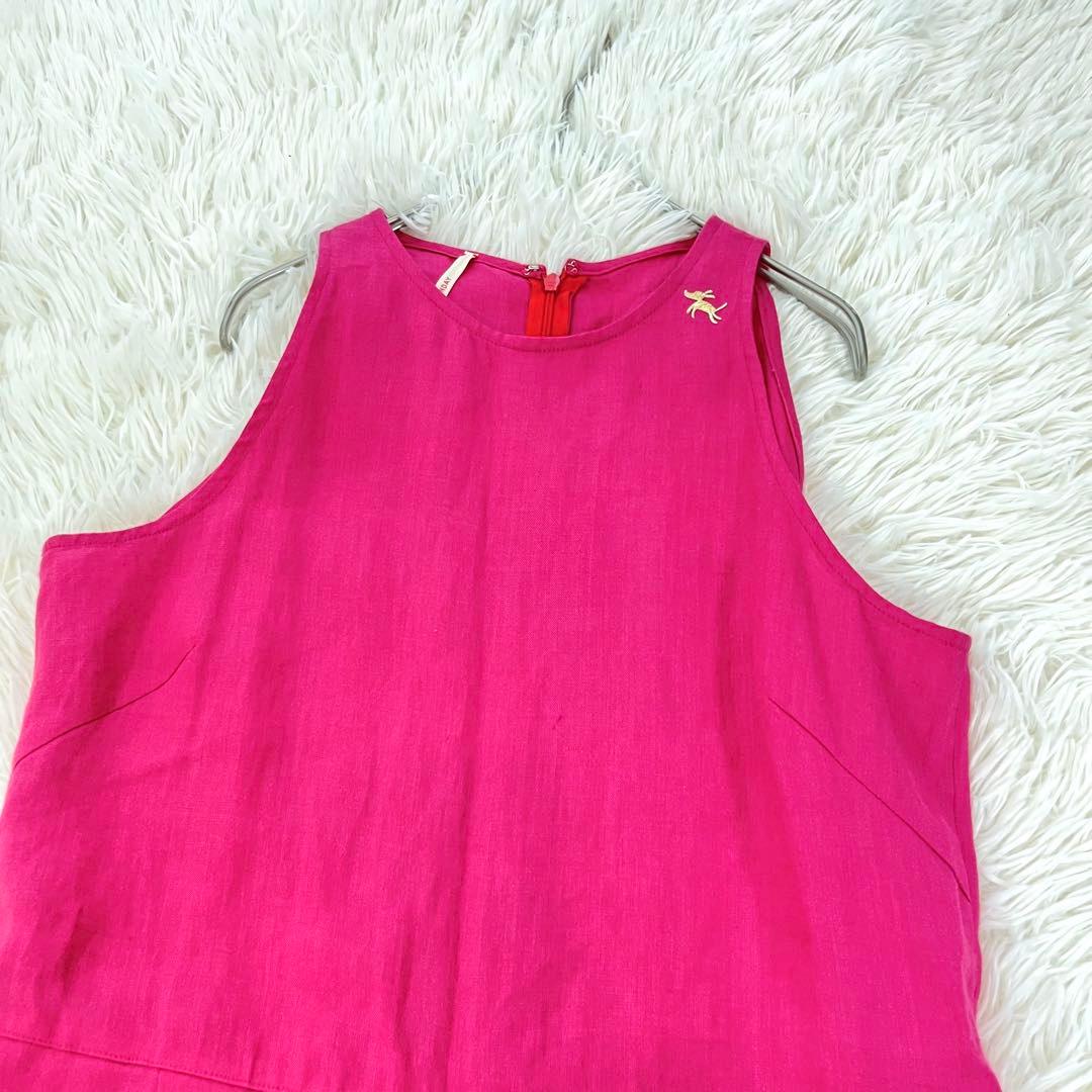 ハヤマサンデー 麻100 オールインワン リボンベルト 刺繍ロゴ ワイドパンツ