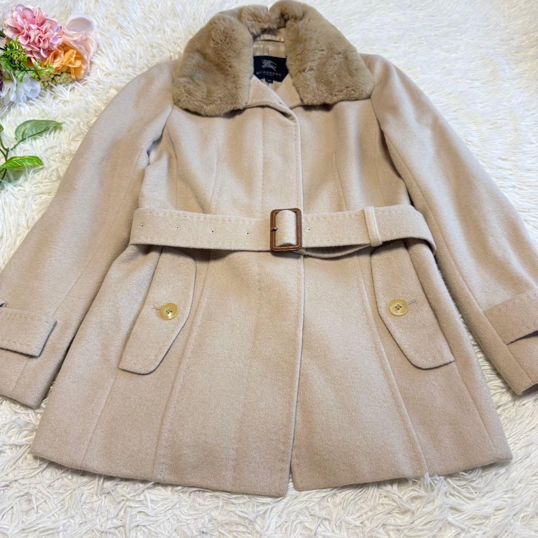 【バーバリーロンドン】 アンゴラ ラビットファー ノバチェック コート ベルト