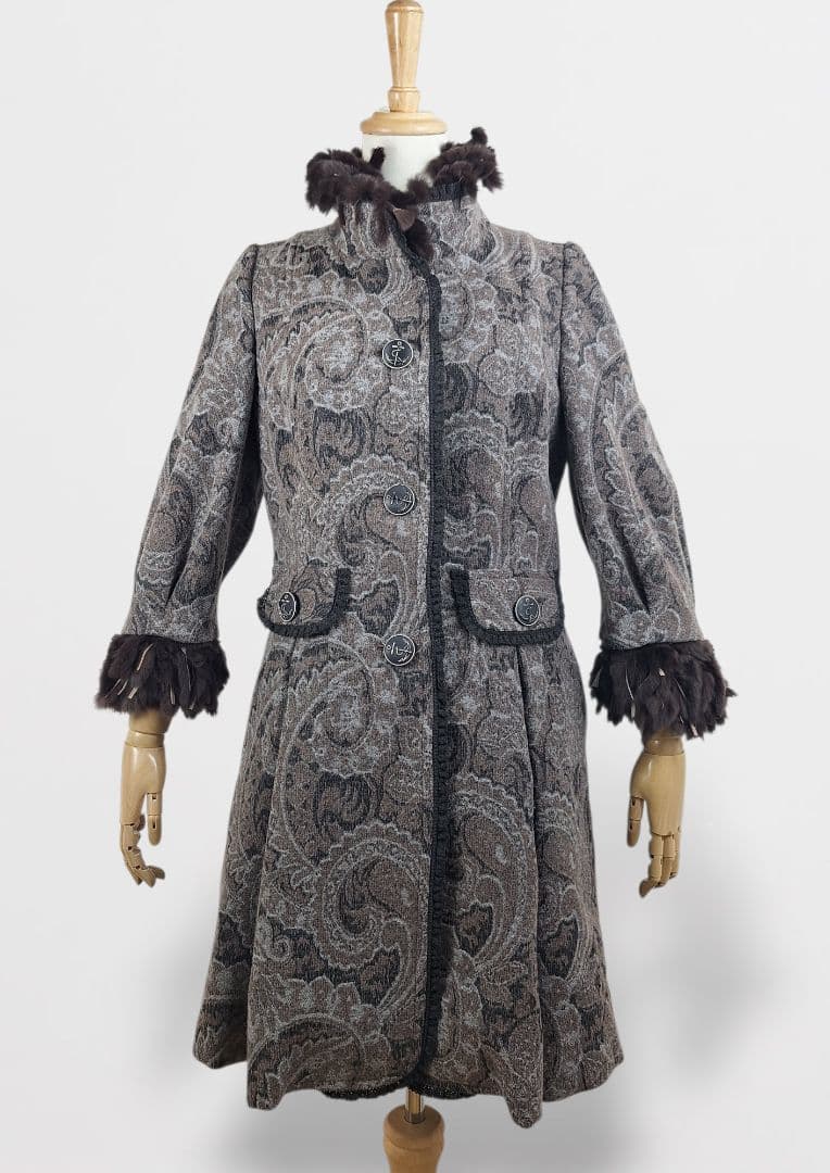 美品 伊太利屋　ラビットファー付きジャガード織り