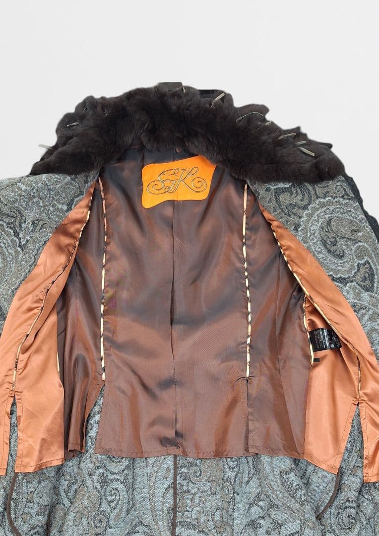 美品 伊太利屋　ラビットファー付きジャガード織り