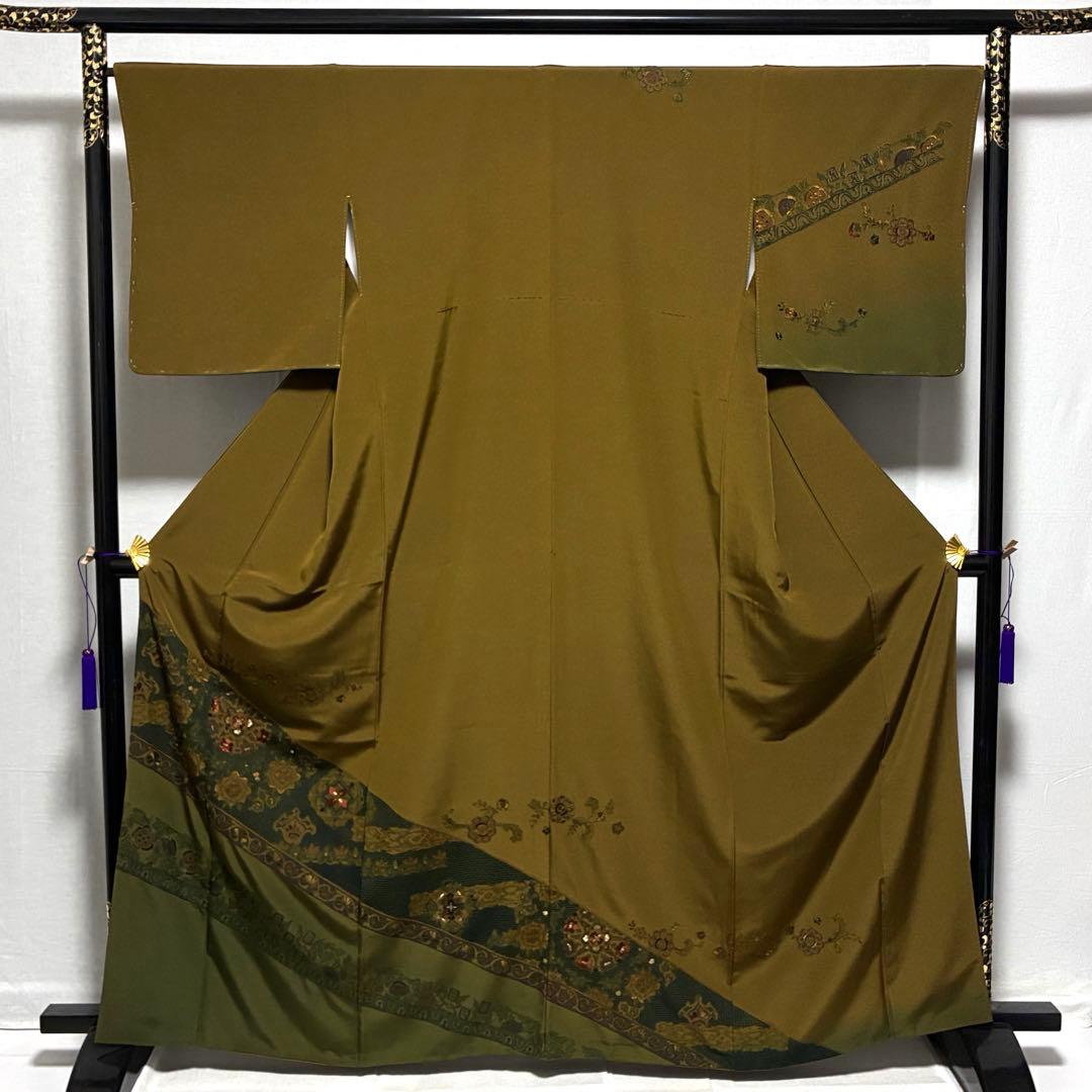 D52 訪問着 汕頭・蘇州刺繍 総刺繍 華文 唐草 正絹 着物 袷 未使用極美品