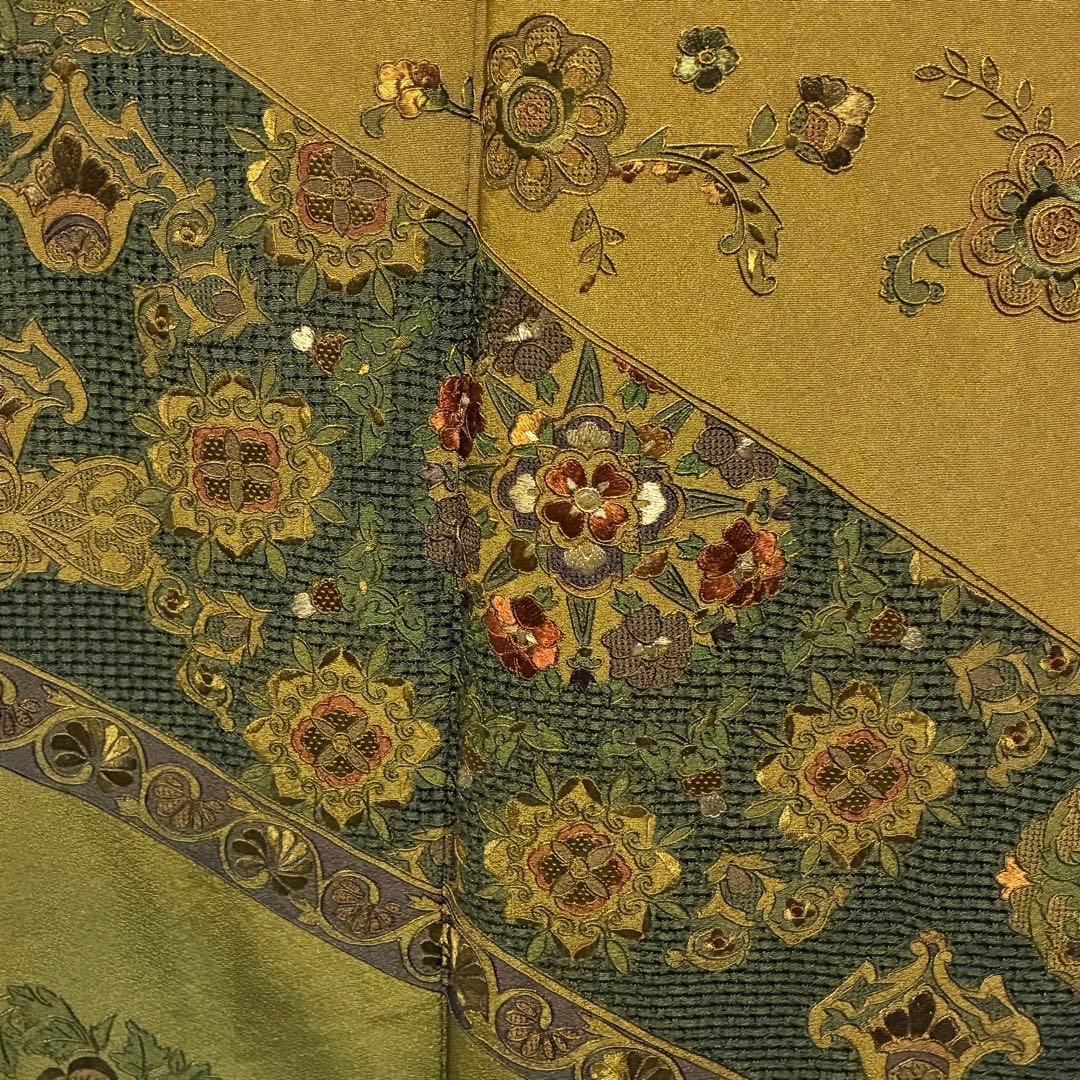 D52 訪問着 汕頭・蘇州刺繍 総刺繍 華文 唐草 正絹 着物 袷 未使用極美品