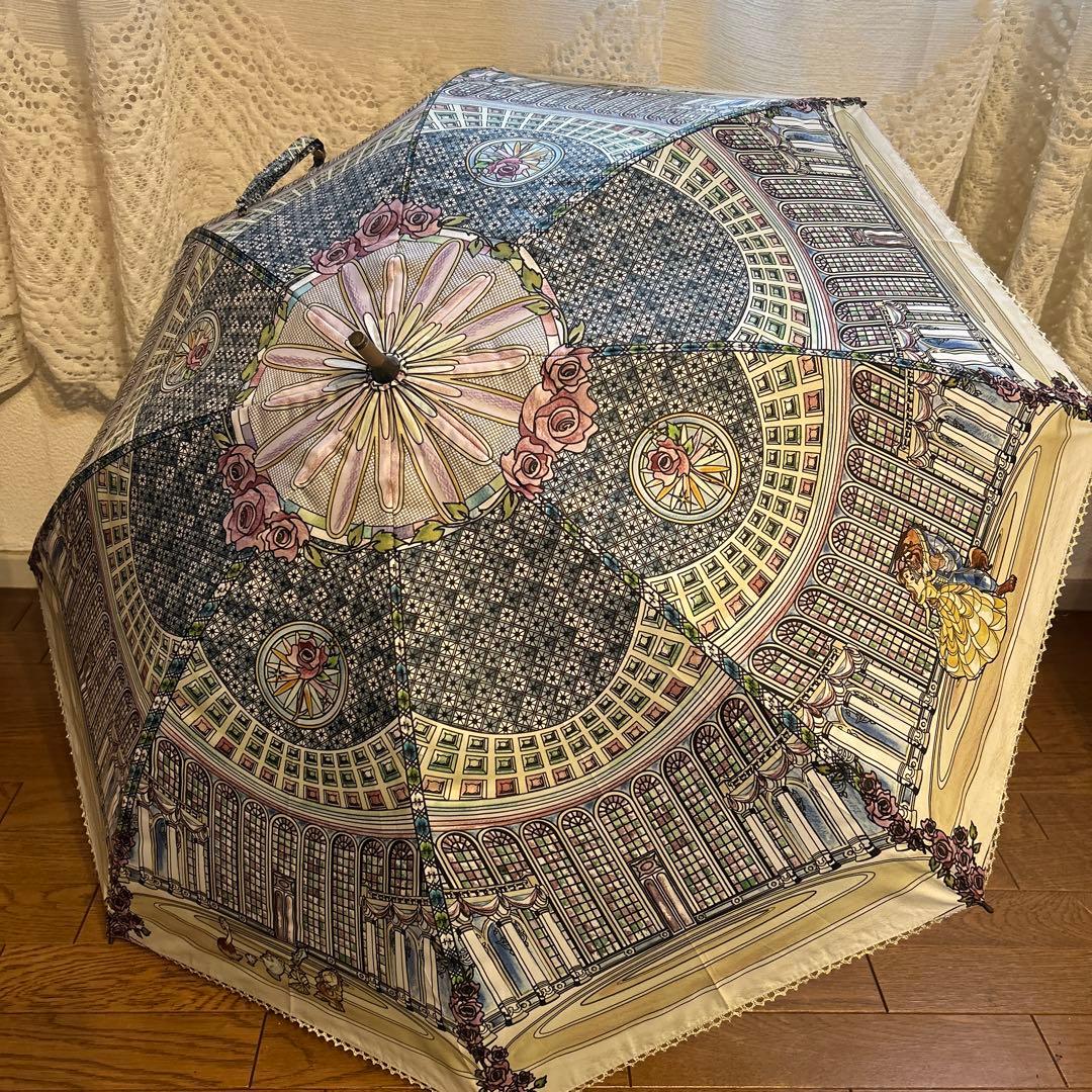 美品　美女と野獣　長傘　傘　長さ2段階　晴雨兼用　ディズニー　ステンドガラス風