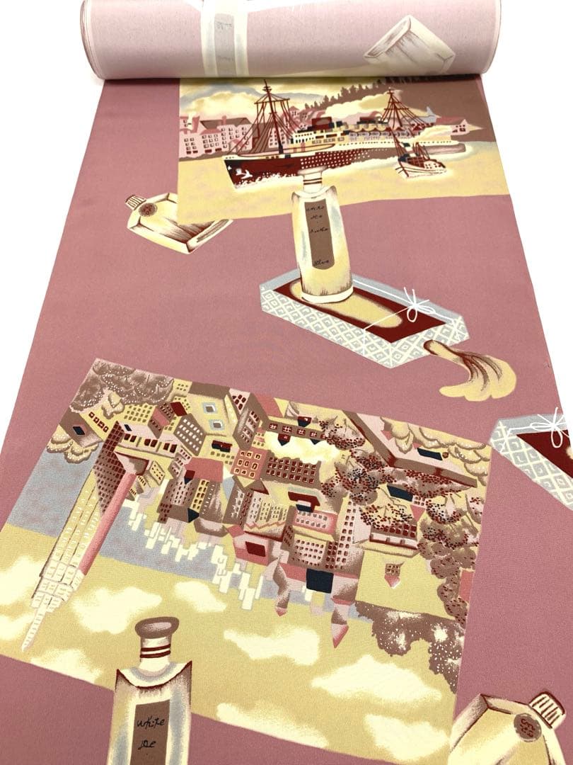 長襦袢 れとろもだん 港風景に酒瓶 洒落襦袢 蘇芳香色 正絹 反物