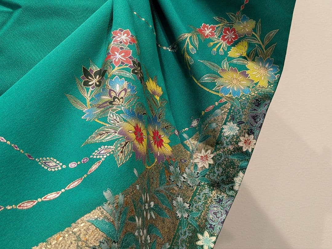 振袖フルセット 身丈164裄70 豪華振袖 金銀彩 緑 黒 更紗 逸品 成人式