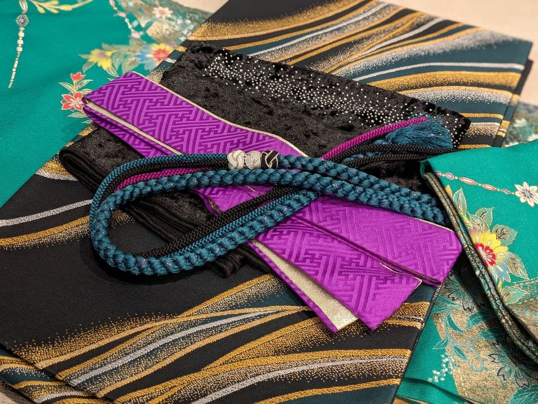 振袖フルセット 身丈164裄70 豪華振袖 金銀彩 緑 黒 更紗 逸品 成人式