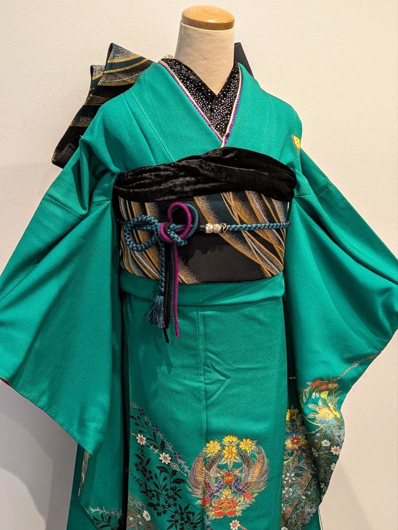 振袖フルセット 身丈164裄70 豪華振袖 金銀彩 緑 黒 更紗 逸品 成人式