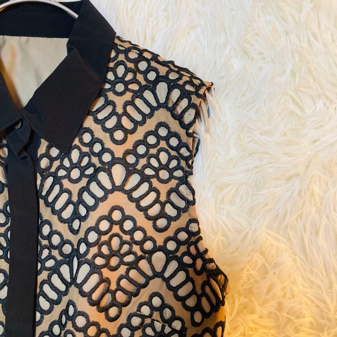 美品 ダイアグラム Aライン 総柄 刺繍 ベルト ノースリーブ ワンピース 36