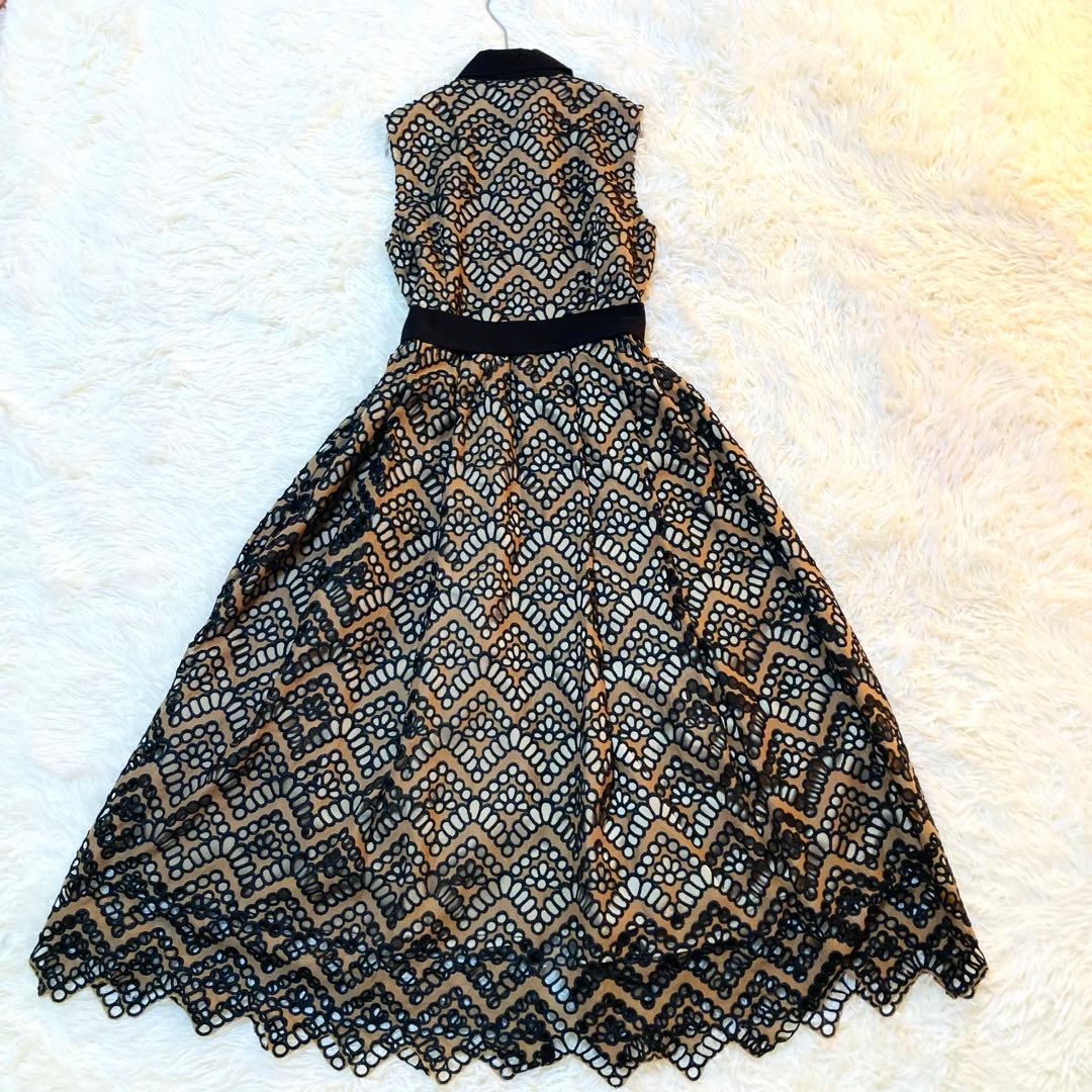 美品 ダイアグラム Aライン 総柄 刺繍 ベルト ノースリーブ ワンピース 36