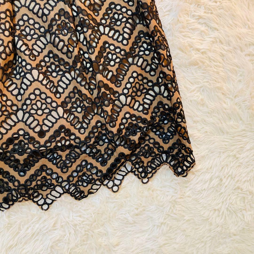 美品 ダイアグラム Aライン 総柄 刺繍 ベルト ノースリーブ ワンピース 36