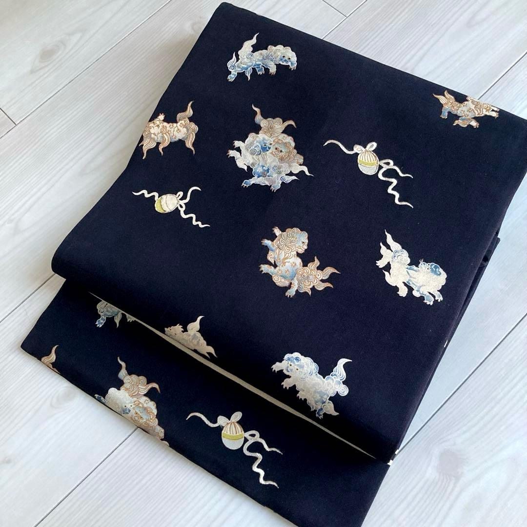 アンティーク名古屋帯　唐獅子　刺繍と染め　正絹　上質　大正ロマン　N3-26