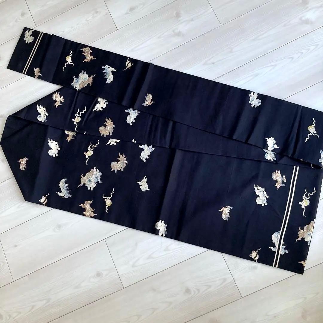 アンティーク名古屋帯　唐獅子　刺繍と染め　正絹　上質　大正ロマン　N3-26