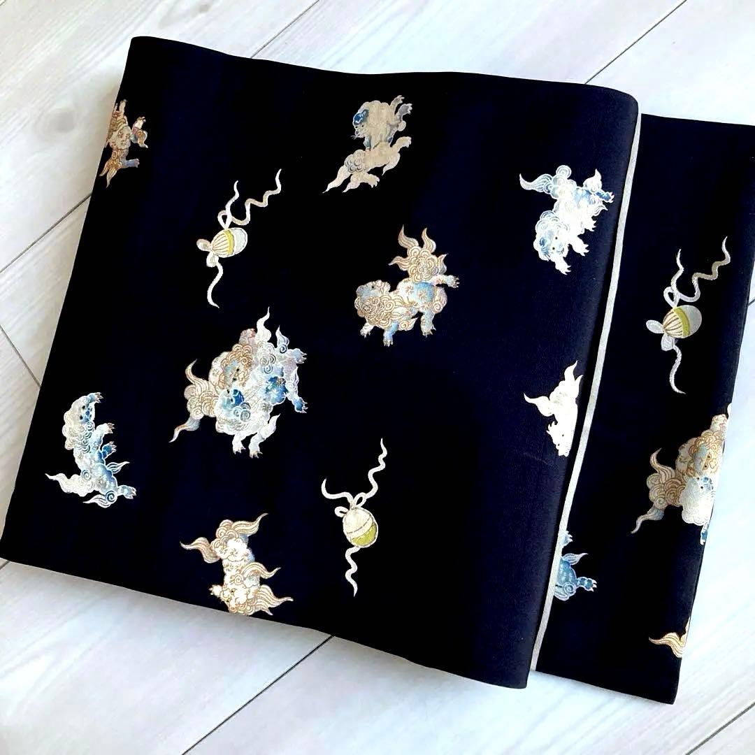 アンティーク名古屋帯　唐獅子　刺繍と染め　正絹　上質　大正ロマン　N3-26