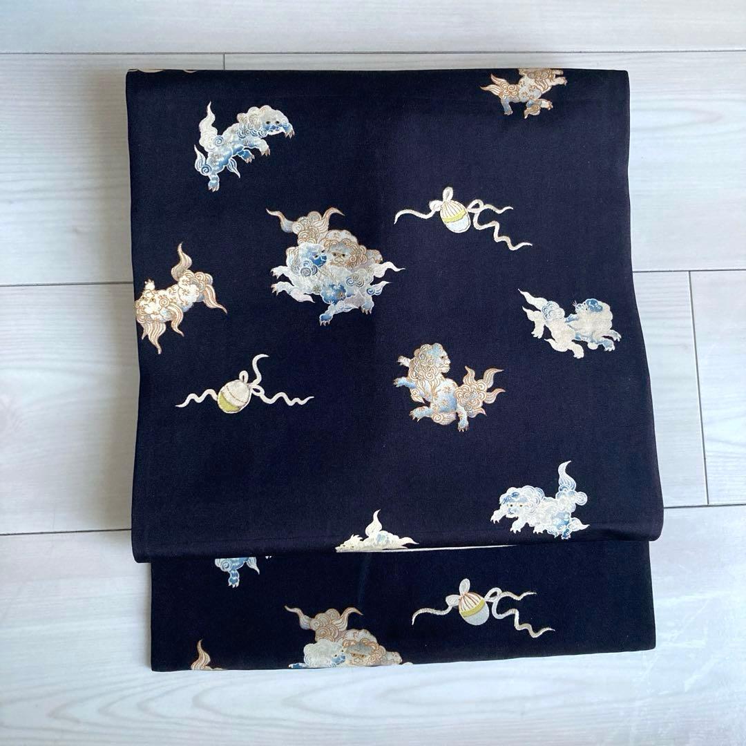 アンティーク名古屋帯　唐獅子　刺繍と染め　正絹　上質　大正ロマン　N3-26