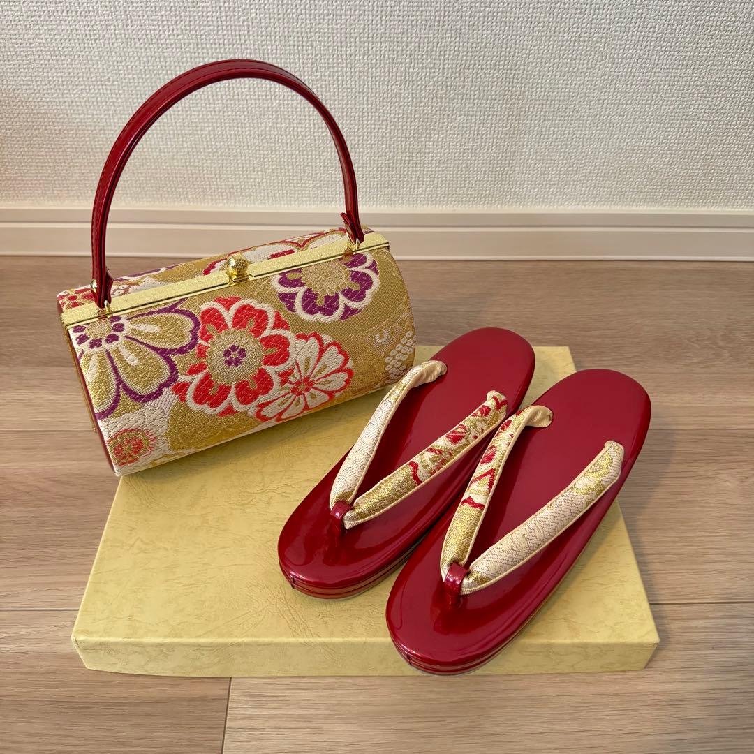 草履バッグセット 振袖 フォーマル 帯地 赤 金 桜 フリーサイズ
