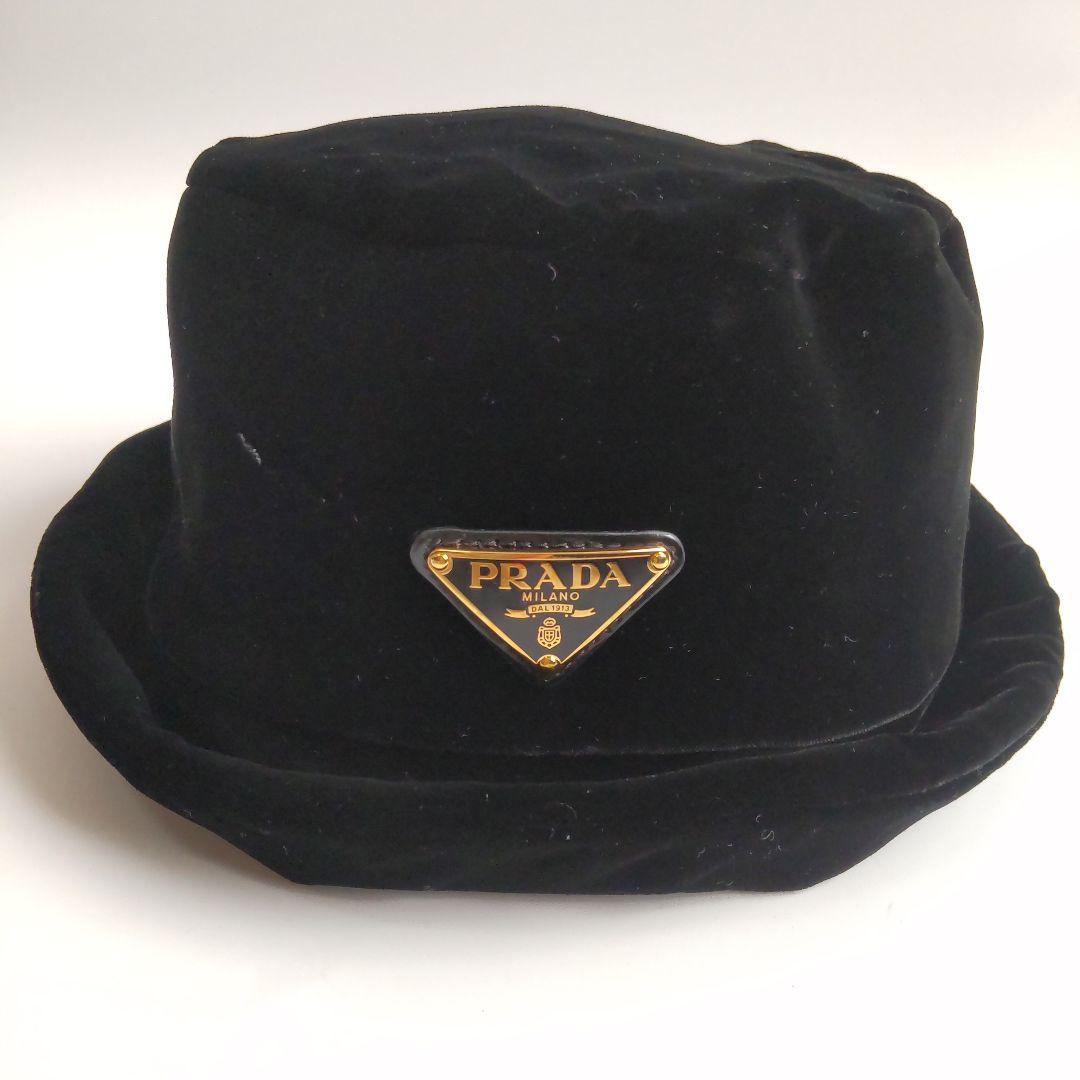 美品 23AW プラダ ゴールド 三角ロゴ ベロア バケットハット ブラック S