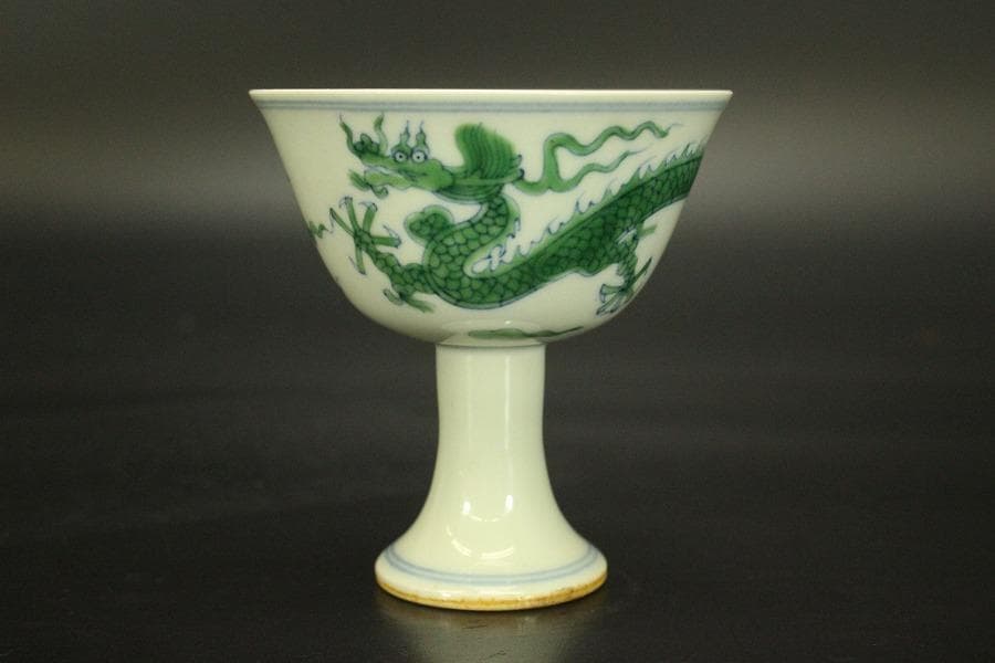 中国美術 緑釉 龍紋 高碗 成化年製 款(A898)