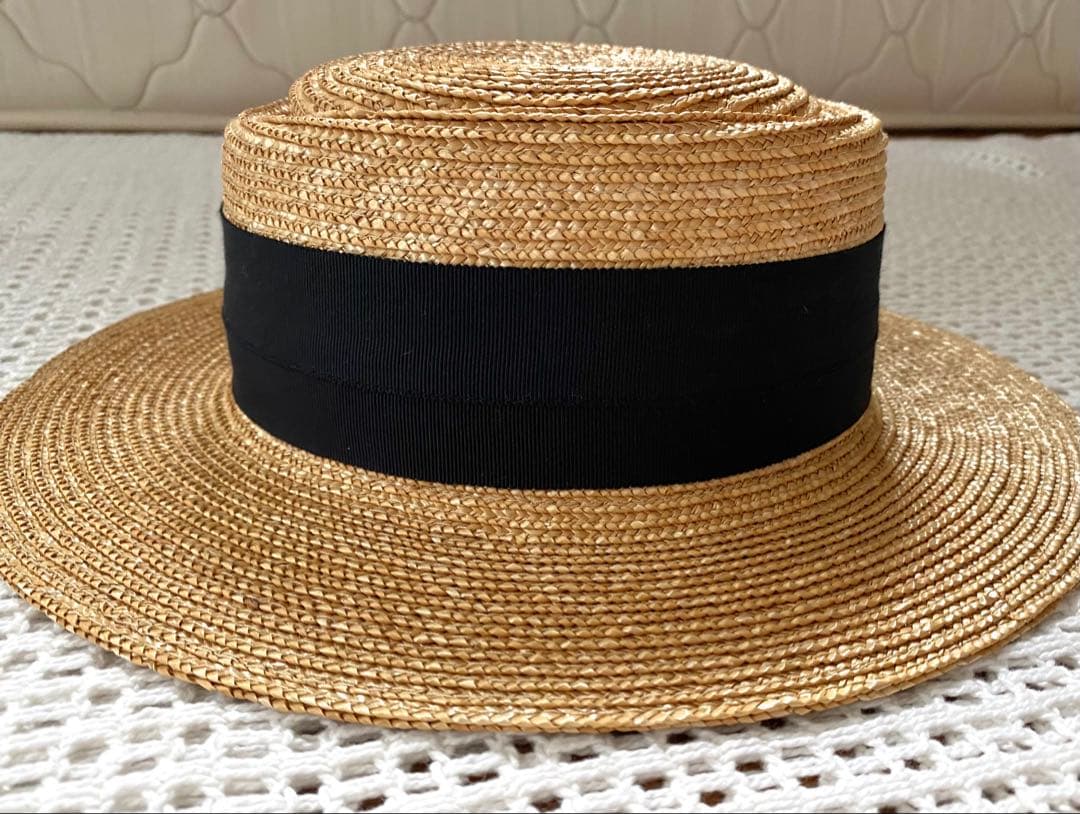 【美品】田中帽子店　アルマ　カンカン帽　黒リボン