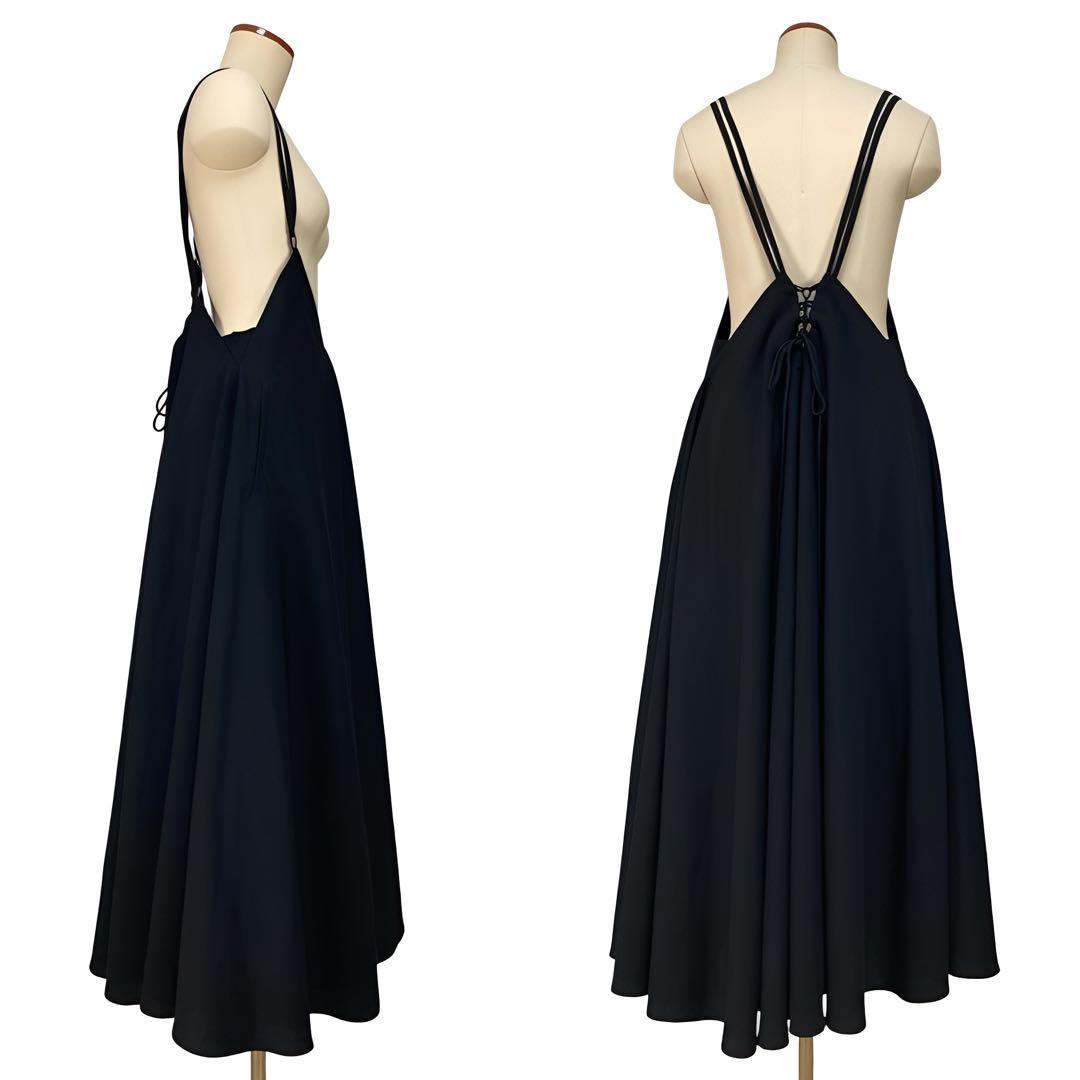 LIMI feu リミフゥ ウールギャバ バックレース ショルダードレス 黒Ｓ