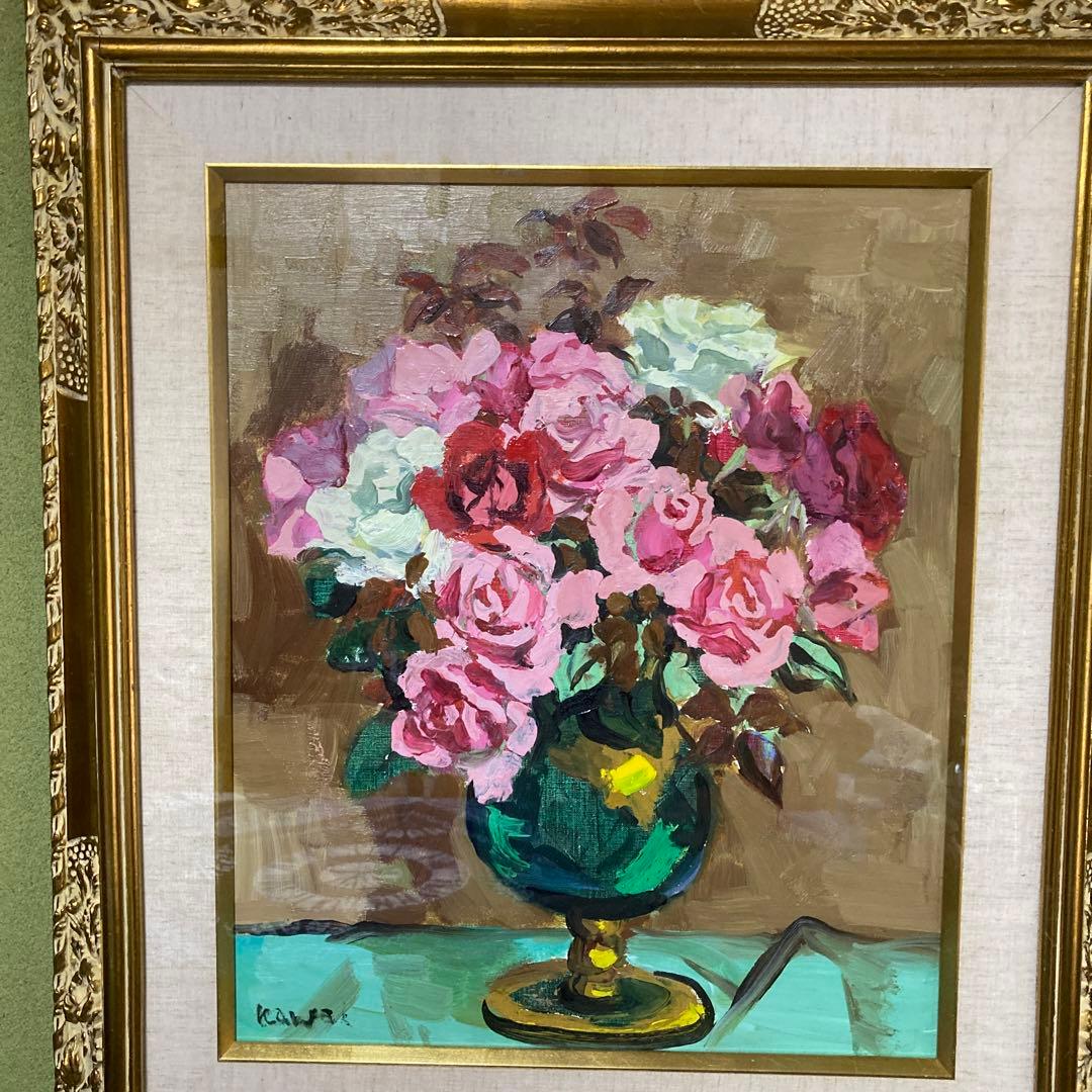 高島屋シール　河井達海　８号花瓶　薔薇　油彩画